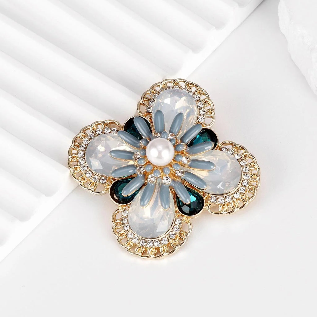 Vintage Four Leaf Clover Flower Brooch With Opal Rhinestones And Faux Pearl Elegant Lapel Pin Gift