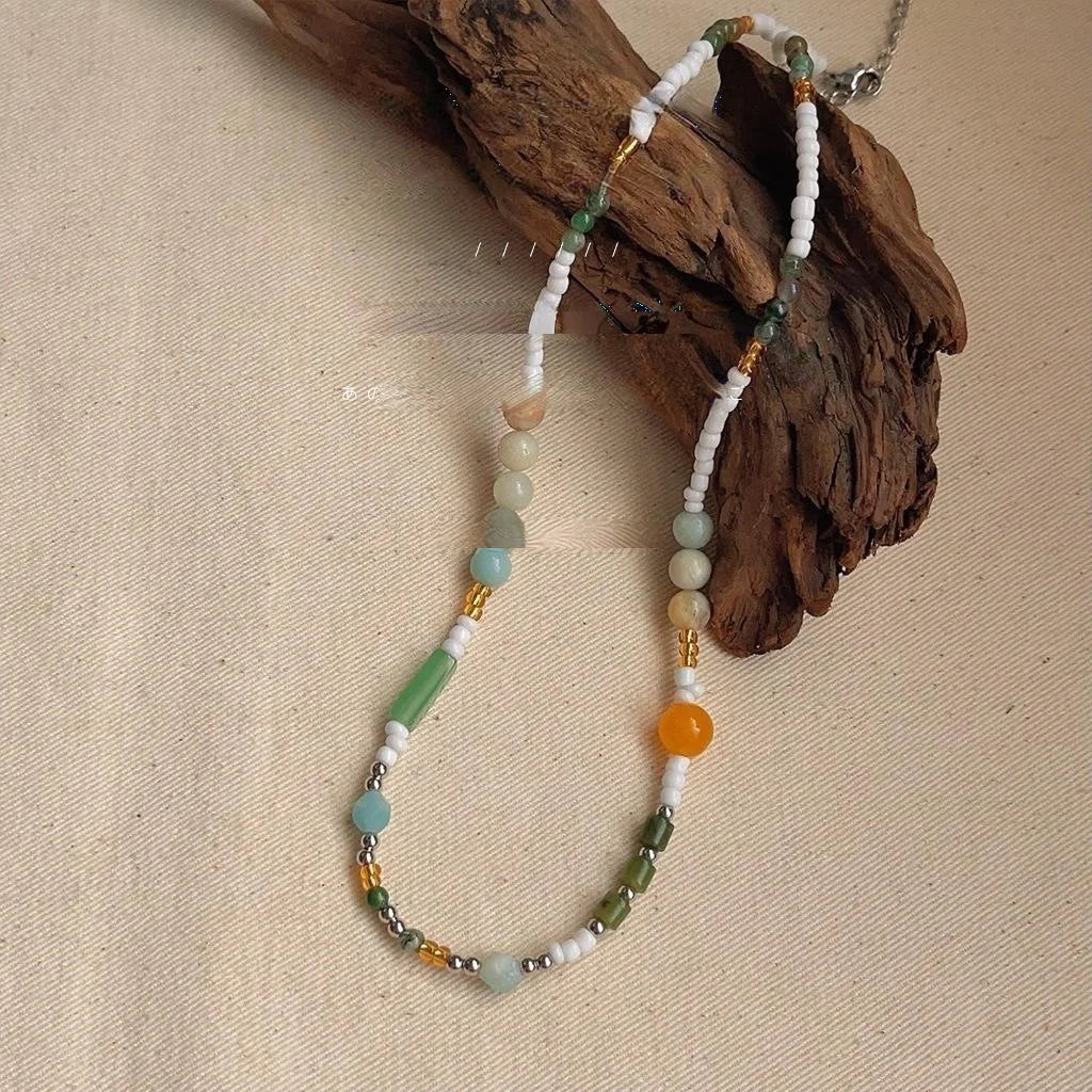 New Chinese Style Natural Stone Beaded Geometric Ring Choker Necklace For Women