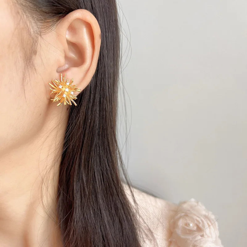 Elegant Gold Alloy Firework Starburst Rhinestone Stud & Clip On No Piercing Statement Earrings