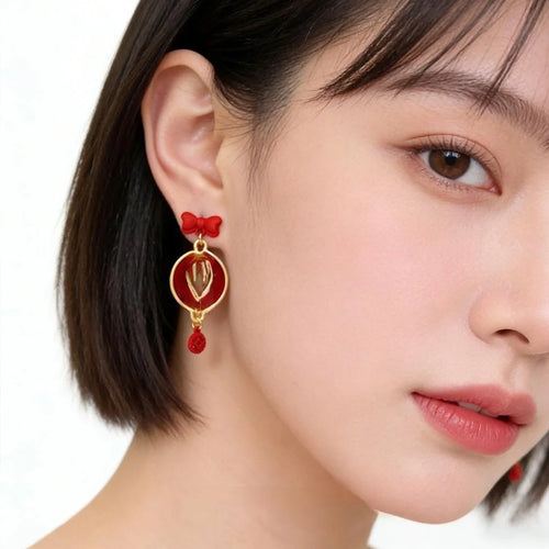 Year Of Horse Chinese Style Red Enamel Copper Ingot Bow Geometric Drop Earrings