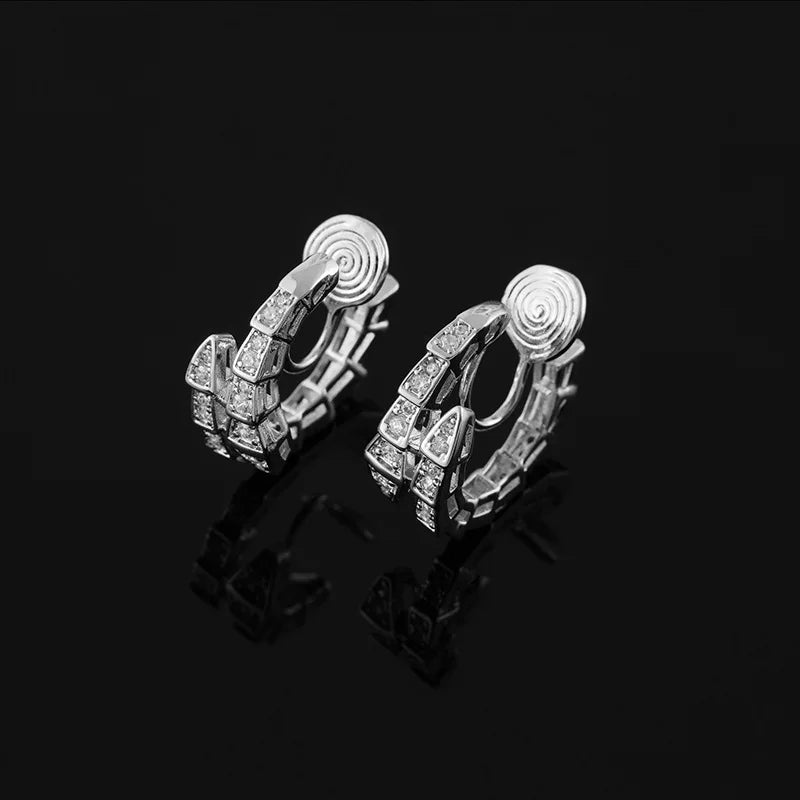 Luxury Snake Shape Spiral Hoop Zircon Stud & Clip On No Piercing Silver Tone Ear Cuff Earrings