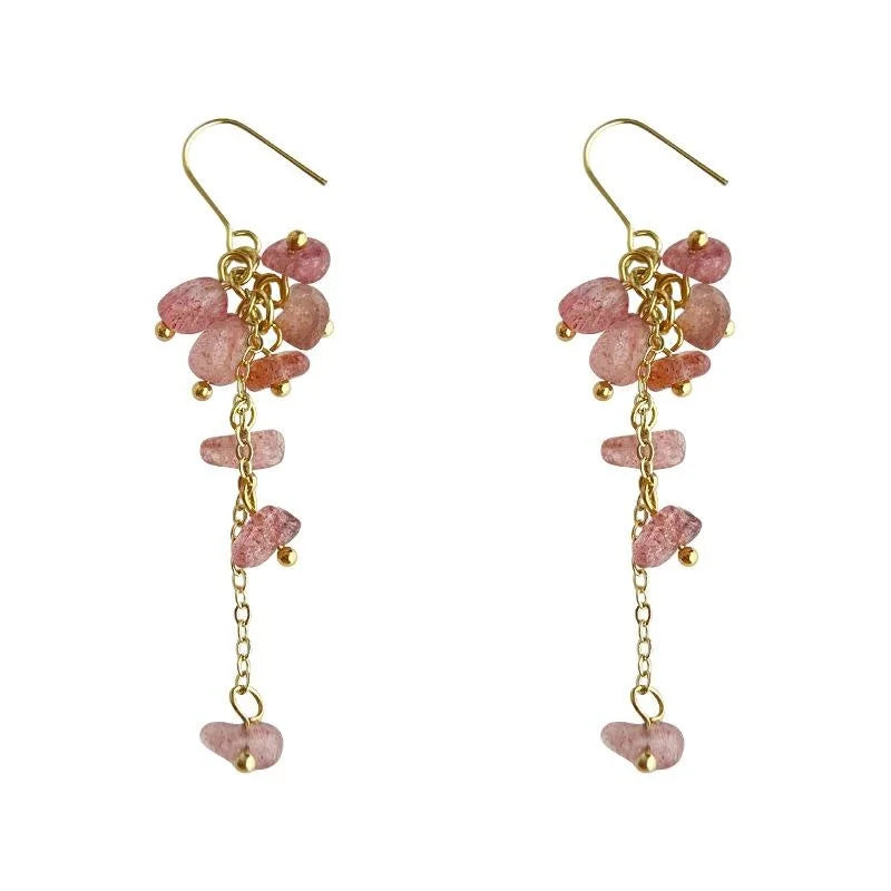 Handmade Strawberry Quartz Chip Stone Tassel Drop Earrings Forest Style Geometric Jewelry