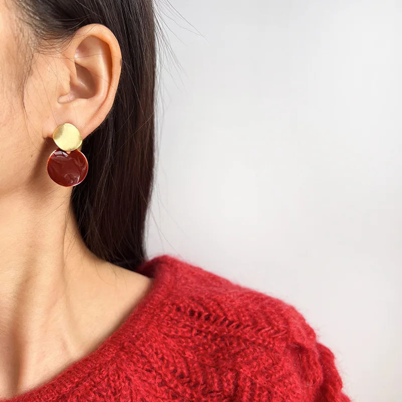 Vintage Contrast Red Enamel Round Disc Alloy Spiral Stud & Clip On No Piercing Drop Earrings
