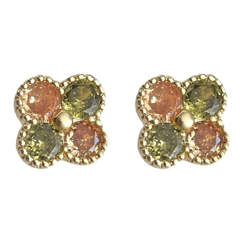 Mini 14K Gold Plated Copper Micro Pave Zircon Geometric Flower Stud Earrings For Women