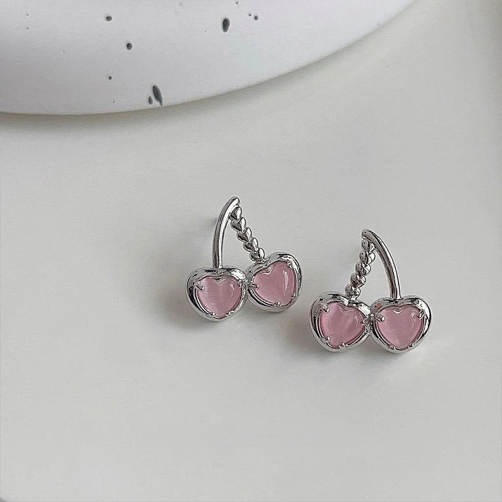Sweet Cool Pink Glass Cat Eye Stone Cherry Stud Earrings Silver Plated Pins For Women