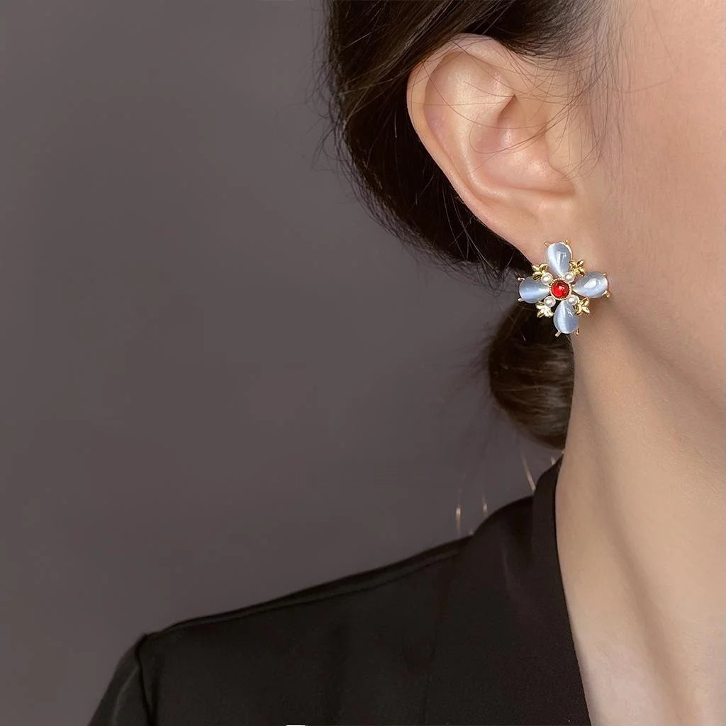 Silver Plated Copper Glass Cat Eye Stone Floral Petal Drop Earrings for Women