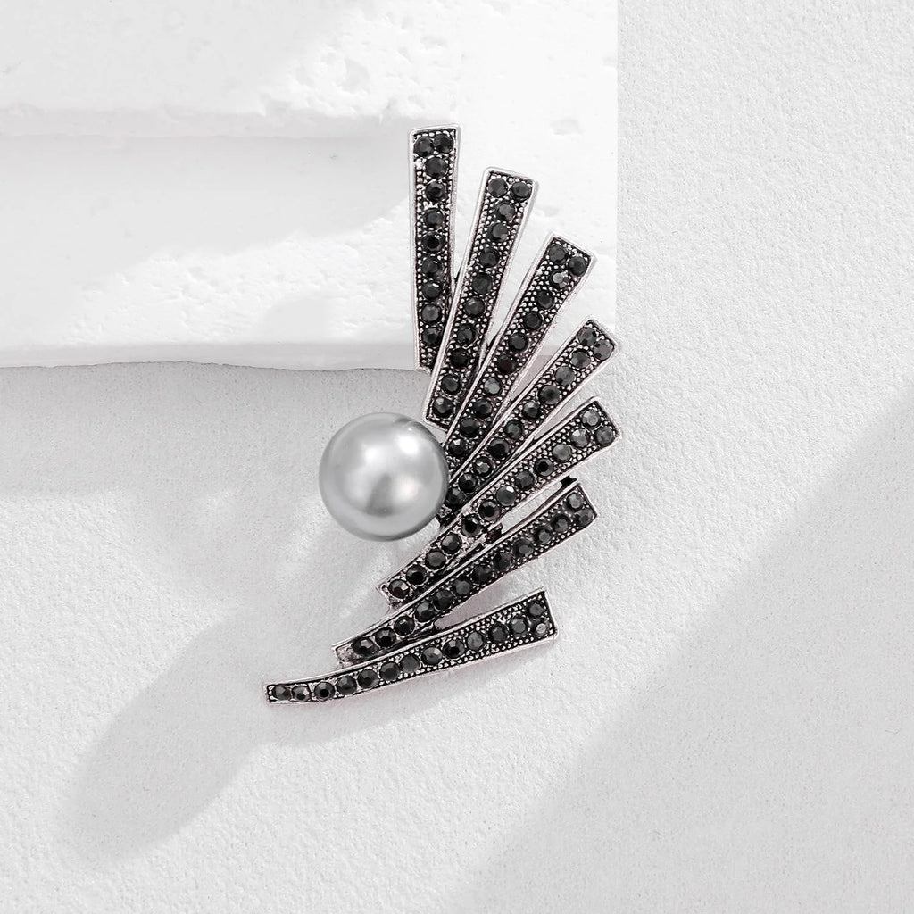 Vintage Gunmetal Fan Flower Brooch With Gray Pearl And Black Rhinestones, Elegant Lapel Pin Gift