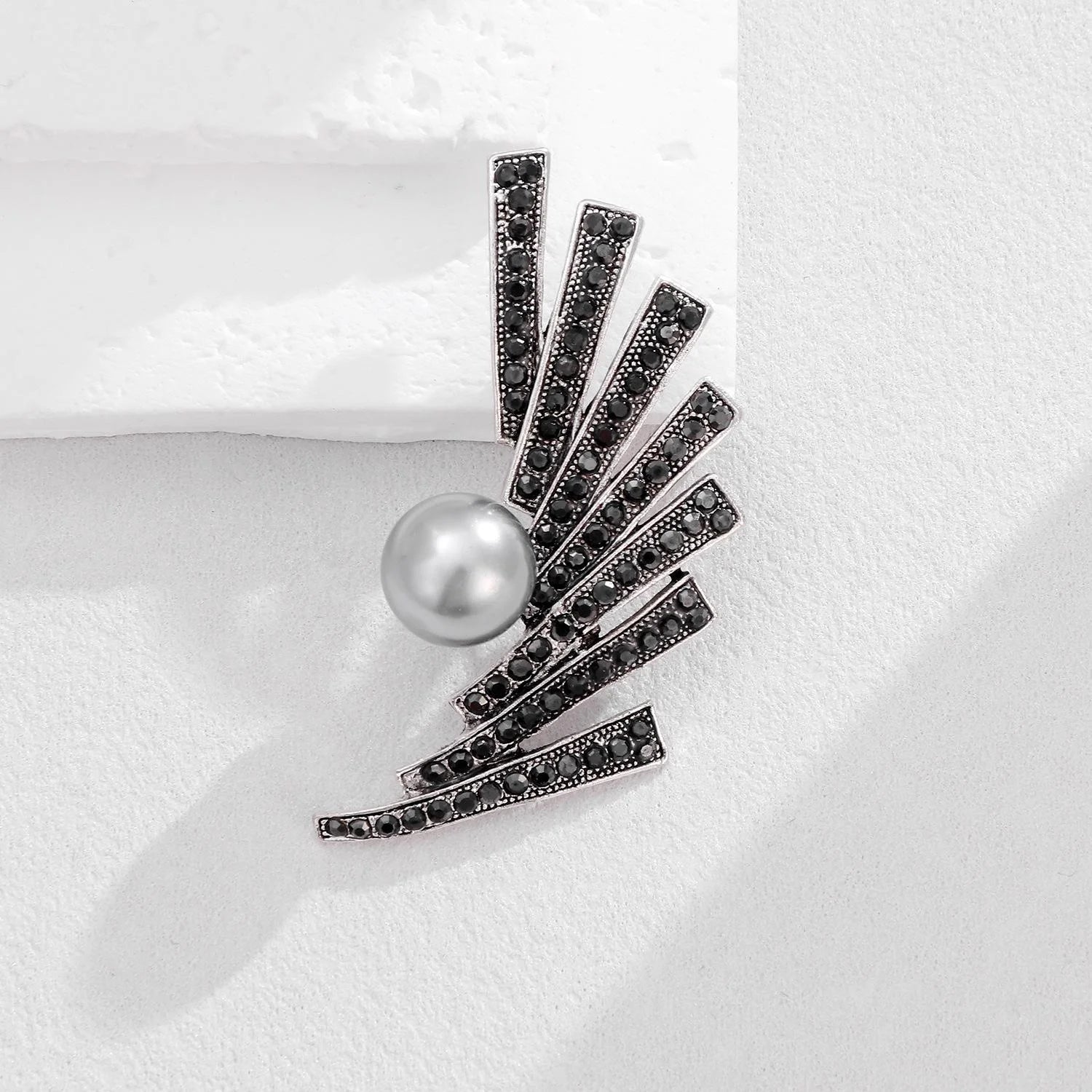Vintage Gunmetal Fan Flower Brooch With Gray Pearl And Black Rhinestones, Elegant Lapel Pin Gift