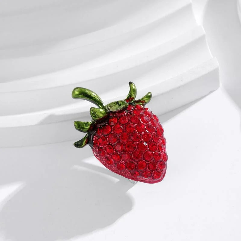 Cute Strawberry Fruit Brooch With Red Rhinestones And Green Enamel Leaves, Elegant Lapel Pin Gift