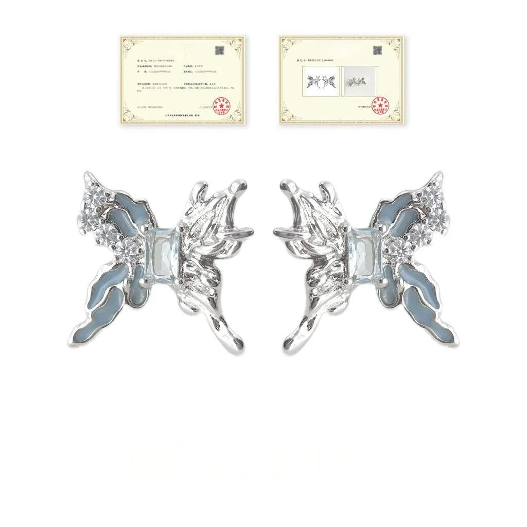 Original Design Blue Zircon Butterfly Liquid Copper Stud Earrings Sweet Cool Irregular Style