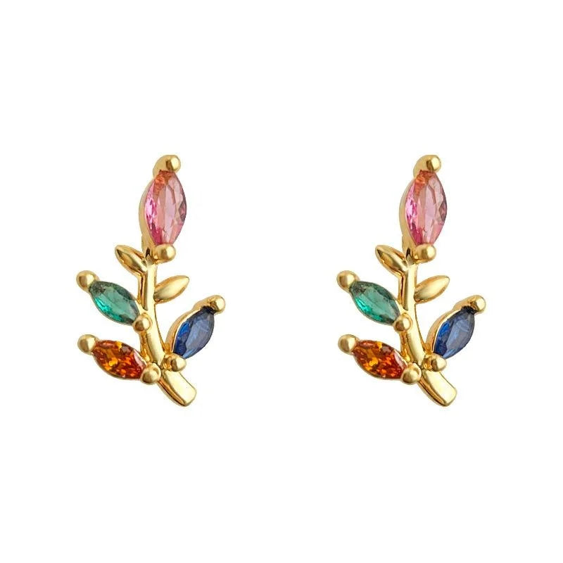 Mini 14K Gold Plated Micro Pave Colorful Zircon Leaf Stud Earrings Sweet Simple Style