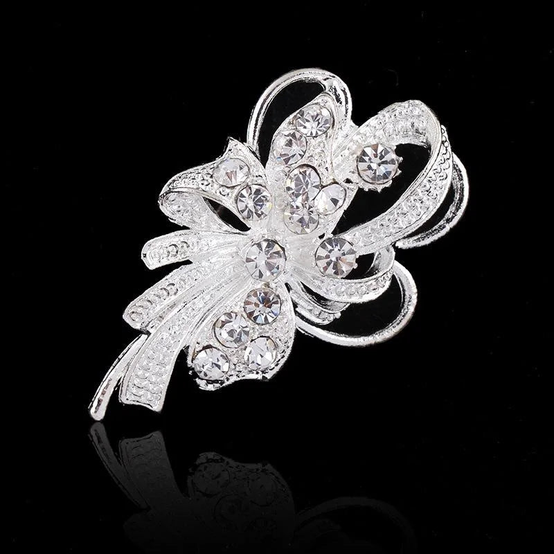 Elegant Silver Alloy Rhinestone Bow Bouquet Brooch, Pearl Wedding Corsage Lapel Pin Suit Accessory Gift