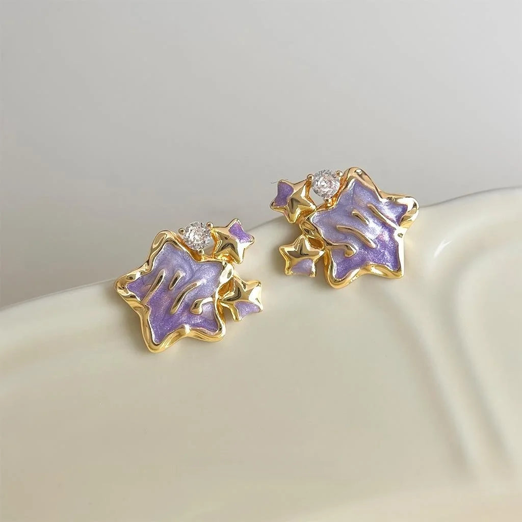 Purple Gradient Enamel Star Stud Earrings With Zircon Inlay Sweet Girl Copper Jewelry