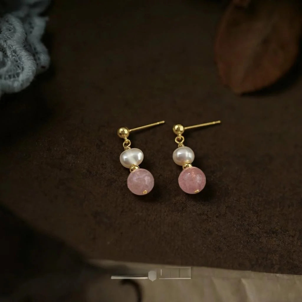 Handmade Strawberry Quartz Pearl Geometric Stud Earrings 14K Gold Plated Minimalist Jewelry