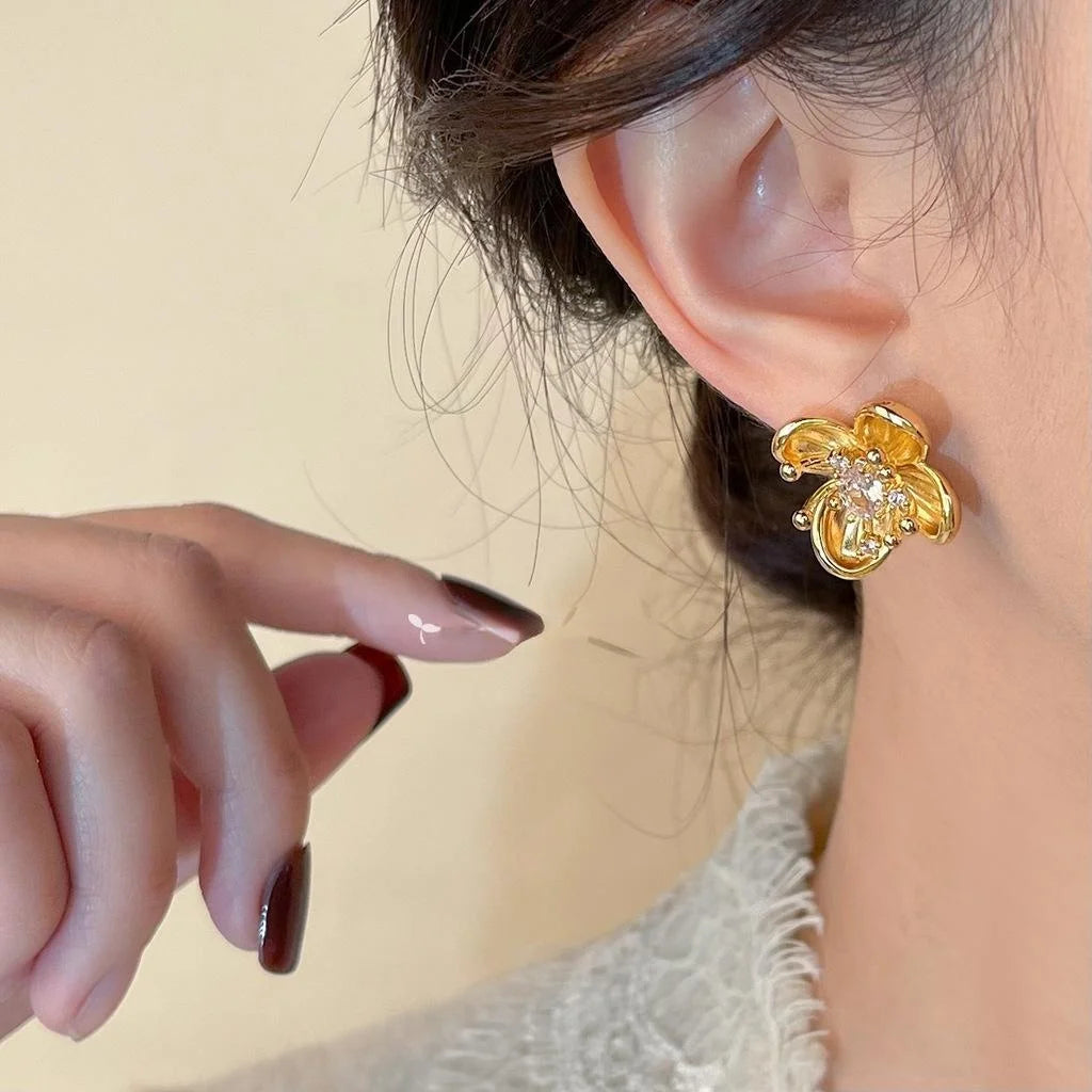 Vintage Ethnic Plum Blossom Zircon Stud Earrings With 14K Plated Copper