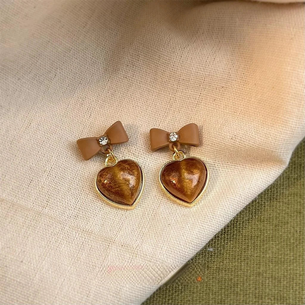 Maillard Brown Earth Tone Bow Heart Tassel Drop Earrings With Resin Rhinestone Copper Enamel