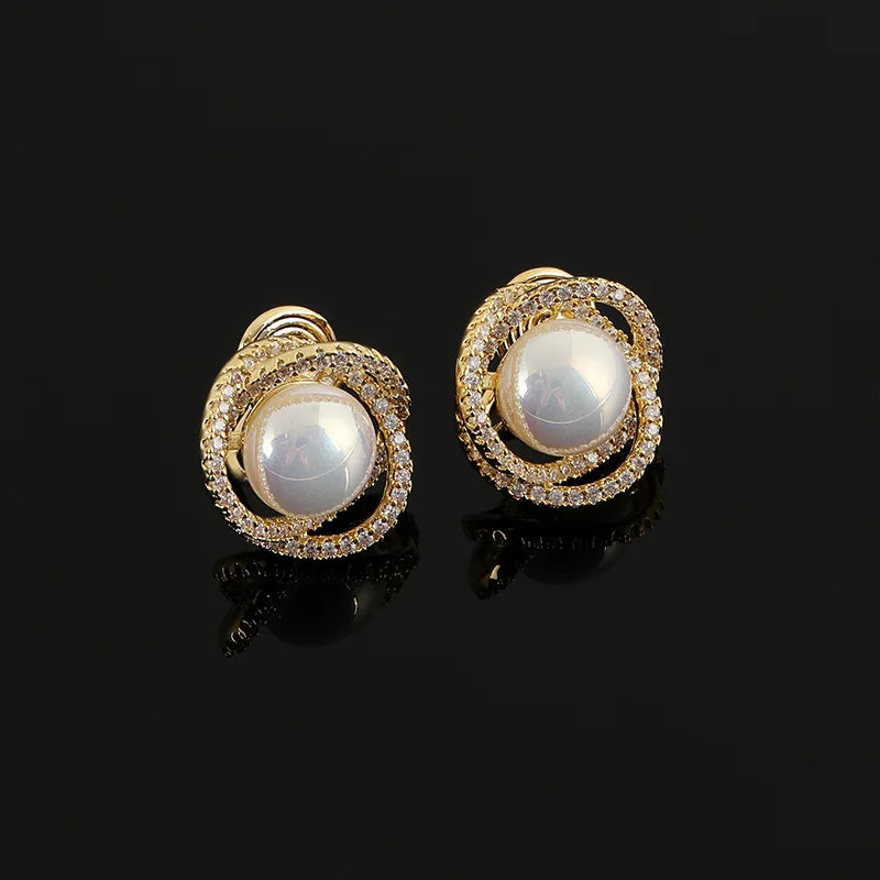 Luxury Mabe Pearl Zircon Swirl Square Stud & Clip On No Piercing Elegant Women's Gift Earrings