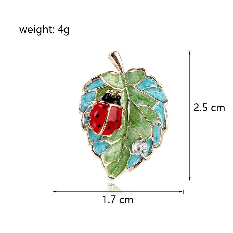 Cute Enamel Ladybug On Green Leaf Brooch With Rhinestone Accent, Elegant Lapel Pin Corsage Gift