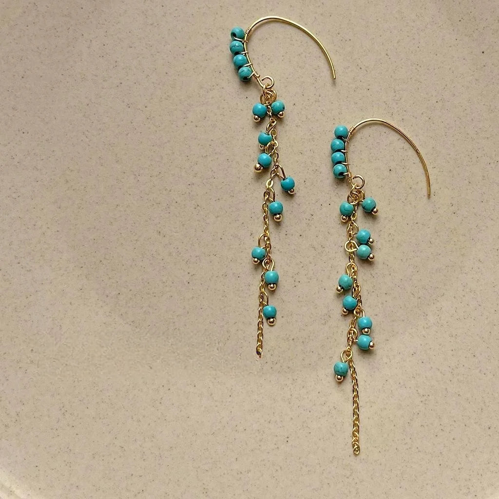 Original Design Long Tassel Drop Earrings Copper Faux Turquoise Ethnic Vintage Geometric Jewelry