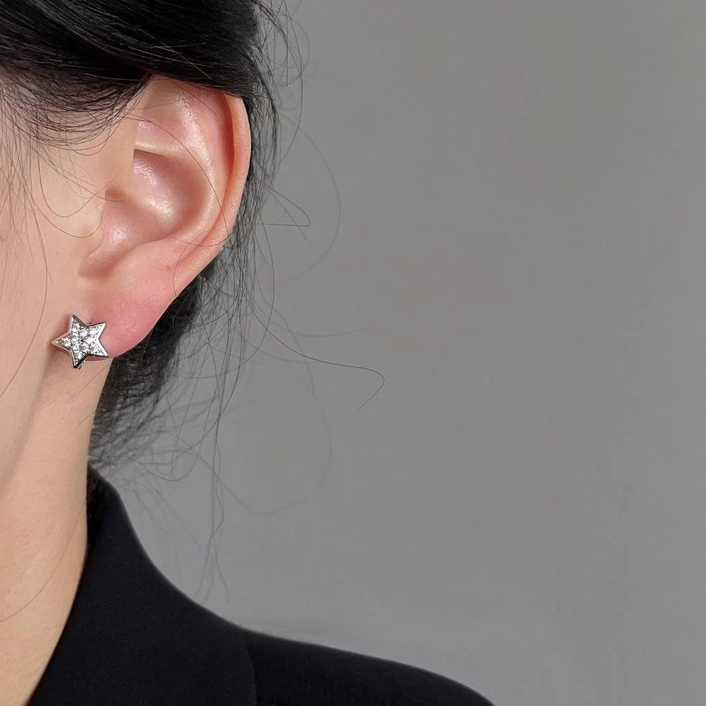 Silver Tone Copper Five Point Star Stud Earrings With Micro Pave Zircon Minimalist Cool Style