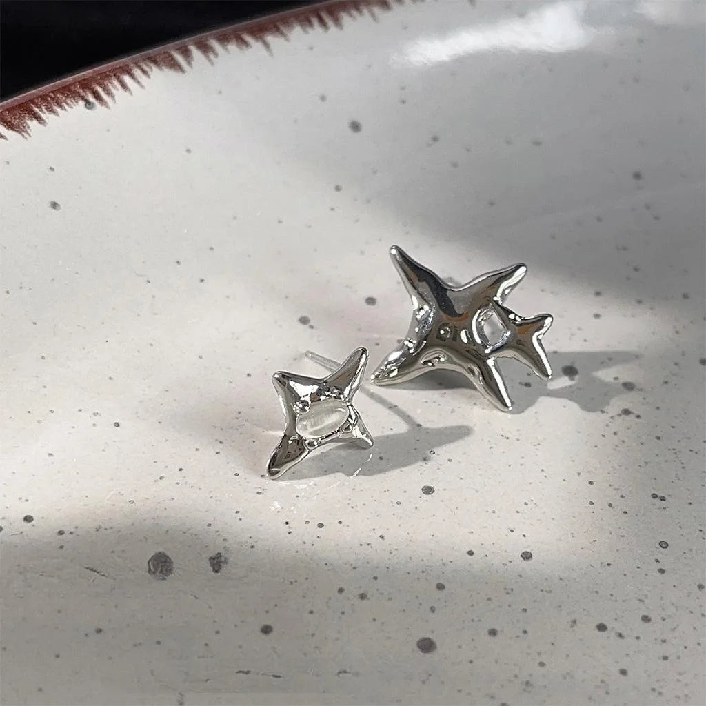 Sweet Cool Asymmetric Glass Cat Eye Five Point Star Copper Stud Earrings With Silver Plated Posts