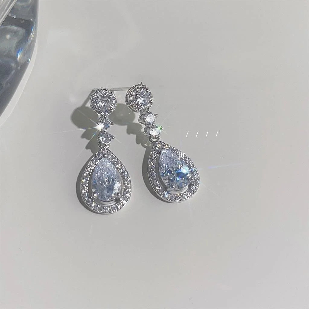 Elegant Long Teardrop Drop Earrings Micro Pave Zircon Copper Evening Jewelry