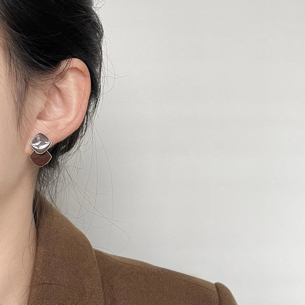 Maillard Brown Geometric Rhombus Drop Earrings Copper French Hong Kong Style