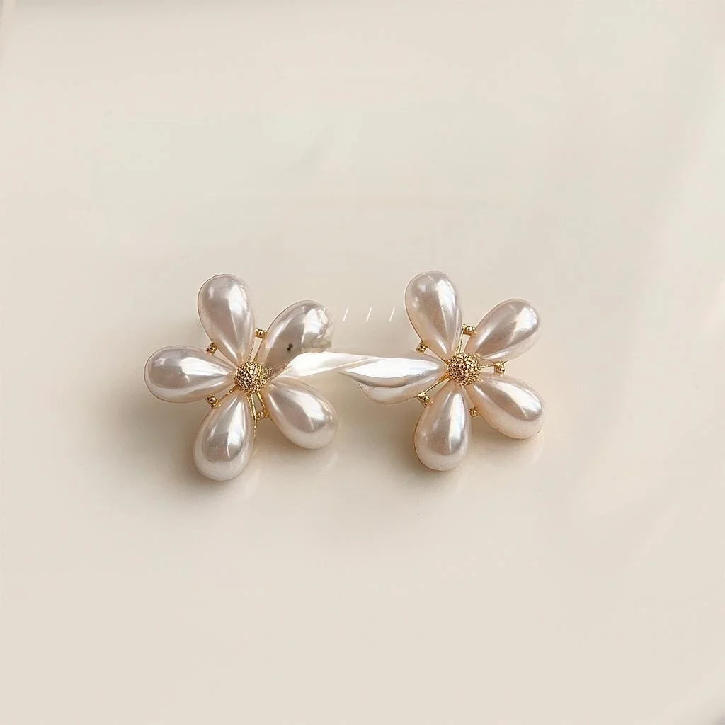 French Vintage Faux Pearl Sunflower Floral Teardrop Stud Earrings