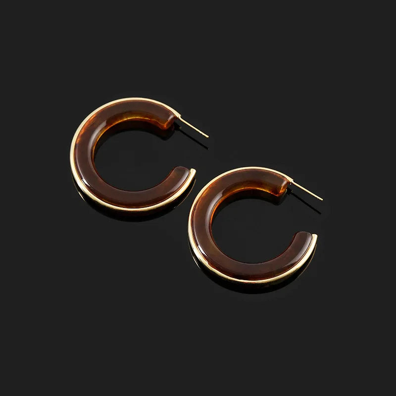 Vintage Tortoise Resin Round Hoop Alloy Stud & Clip On No Piercing C-Shaped Statement Earrings