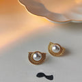 Vintage Palace Style 14K Plated Copper Half Round Geometric Pearl Stud Earrings