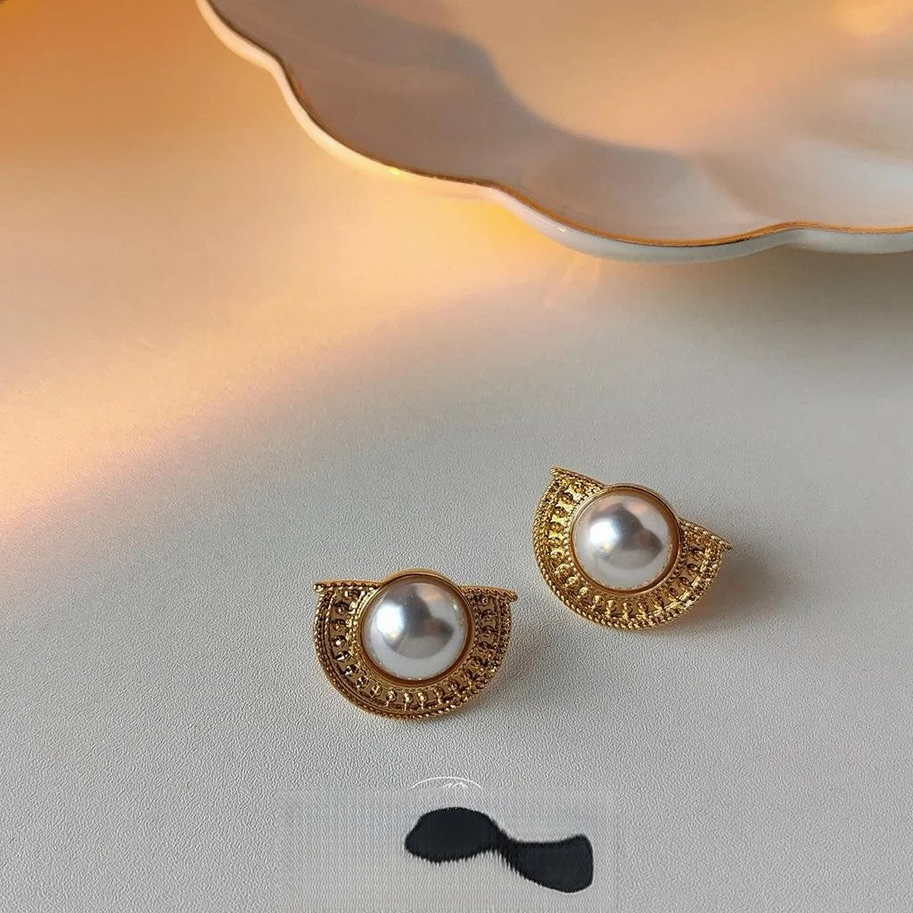 Vintage Palace Style 14K Plated Copper Half Round Geometric Pearl Stud Earrings