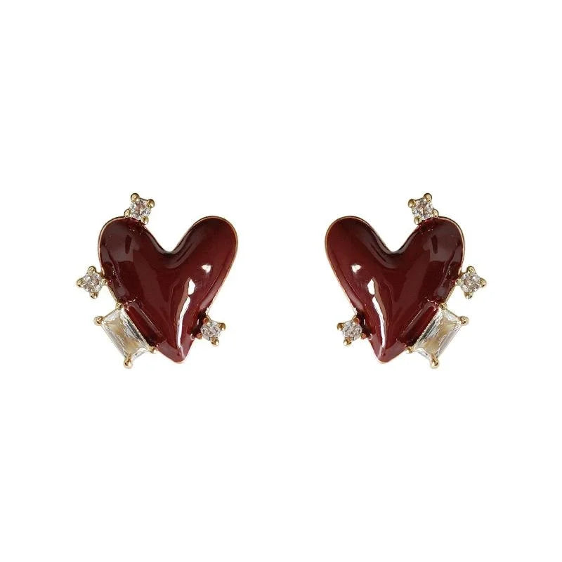 French Vintage Burgundy Heart Stud Earrings With Micro Pave Zircon Copper