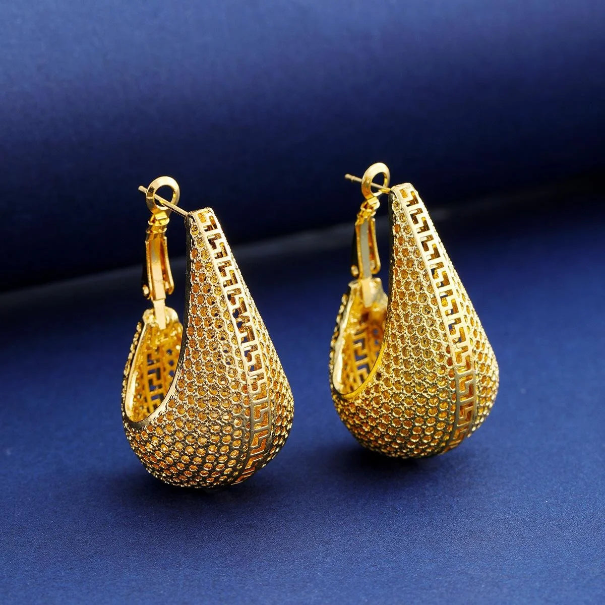 Luxury 24K Gold Plated Alloy Teardrop Necklace And Earrings Jewelry Set With Rhinestones For Bridal Wedding