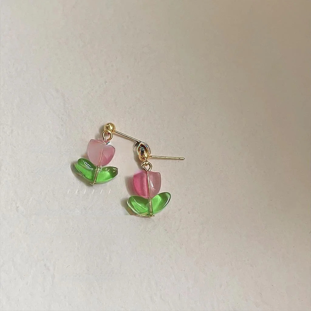 Fresh Forest Style Handmade Glass Glaze Tulip Stud Earrings With Silver Plated Pins