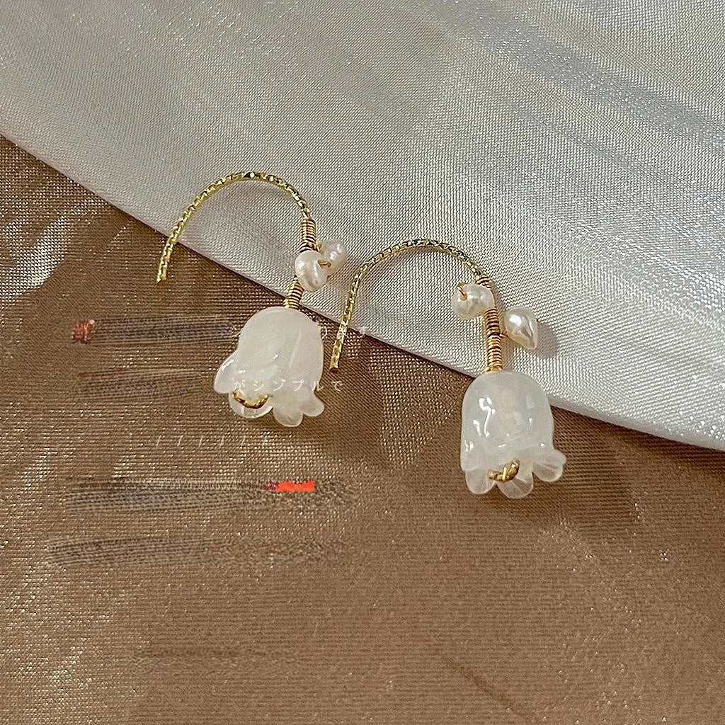 White Glass Orchid Flower Freshwater Pearl Drop Earrings French Sweet Minimalist Jewelry