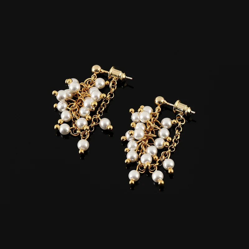 Elegant Handmade Faux Pearl Grape Cluster Tassel Gold Alloy Chain Stud & Clip On No Piercing Earrings