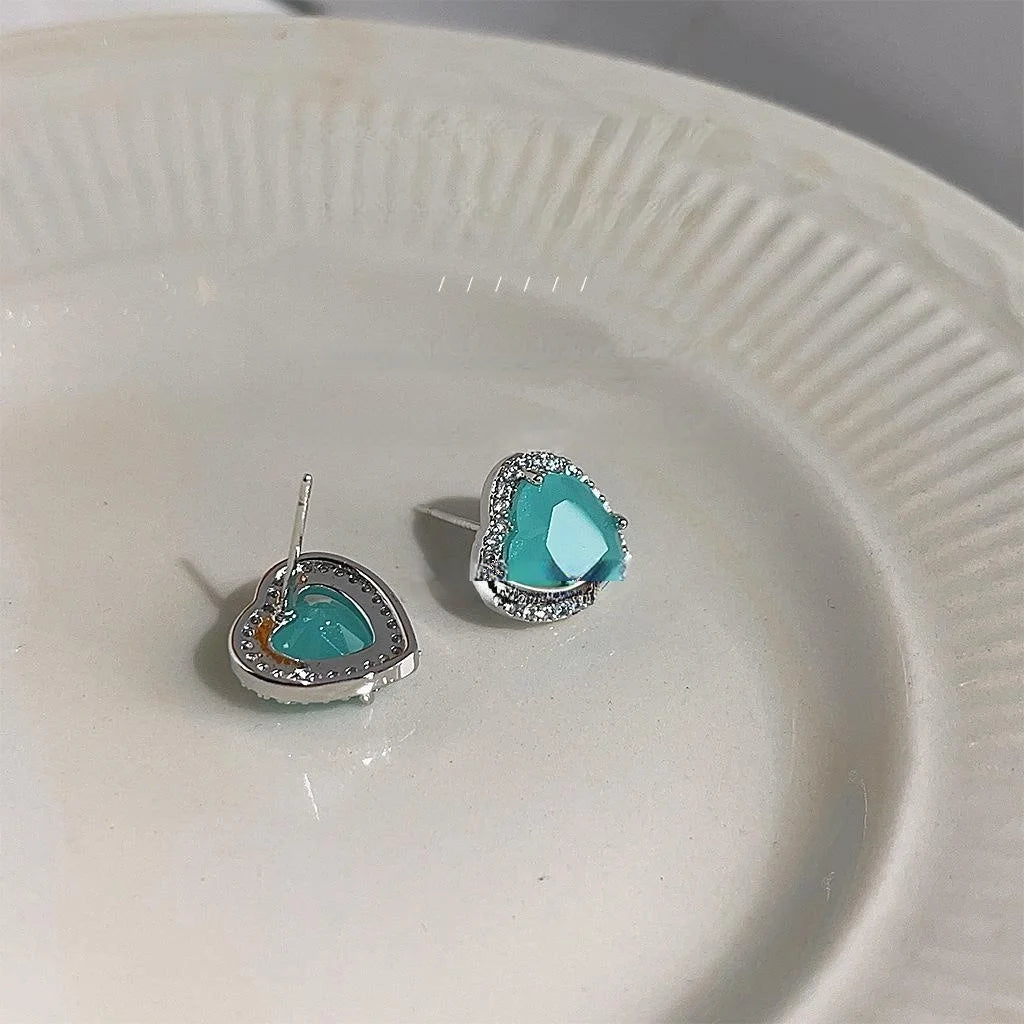 Lake Blue Zircon Heart Stud Earrings Copper French Romantic Minimalist Jewelry