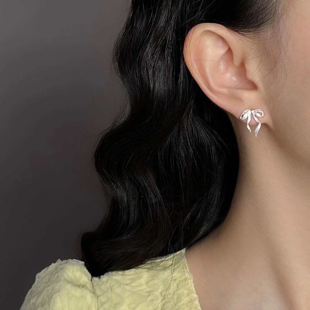 White Bow Stud Earrings Copper Minimalist Sweet Commuter Jewelry
