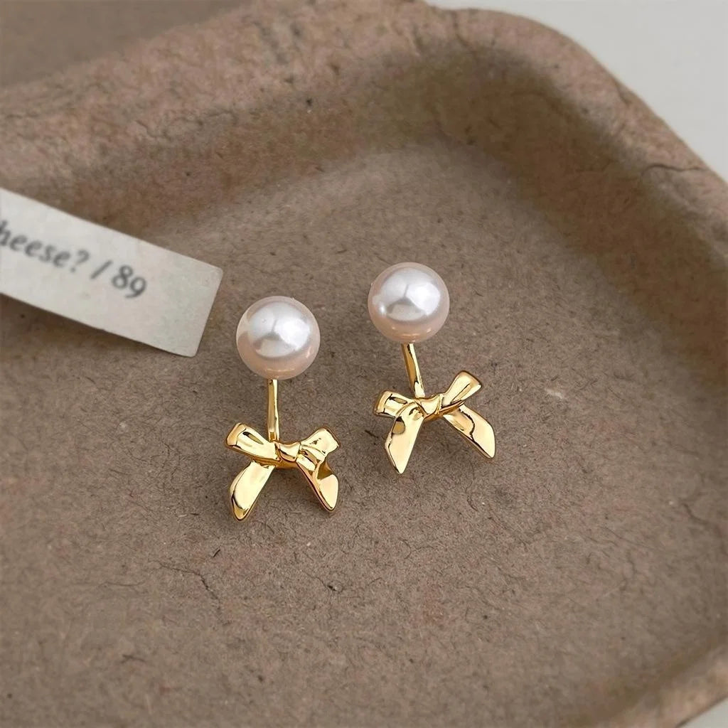 Two-Way Minimalist Bow Drop Earrings Copper Metal Glass Pearl Light Luxury Jewelry