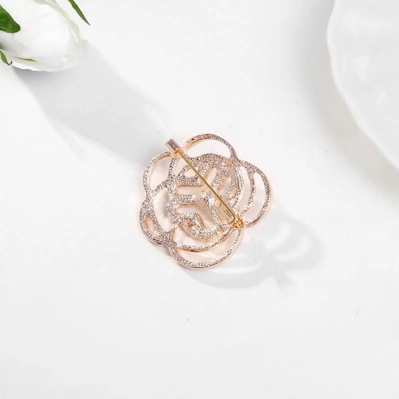 Elegant Rose Gold Alloy Flower Emblem Brooch With Rhinestones, Women's Lapel Pin Suit Accessory Gift