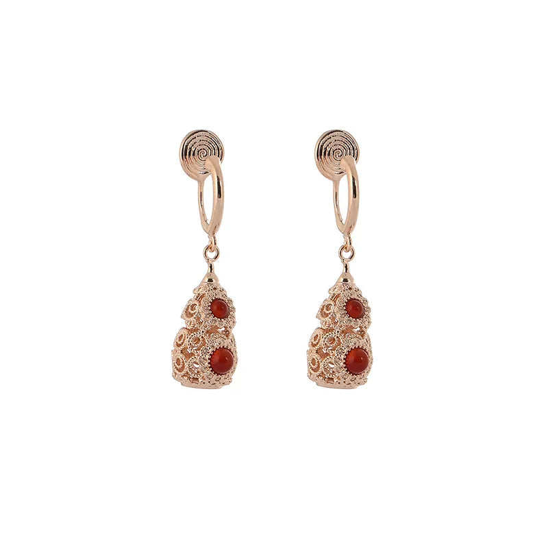 Elegant Hollow Red Agate Gourd Rhinestone Alloy Stud & Clip On No Piercing Drop Earrings