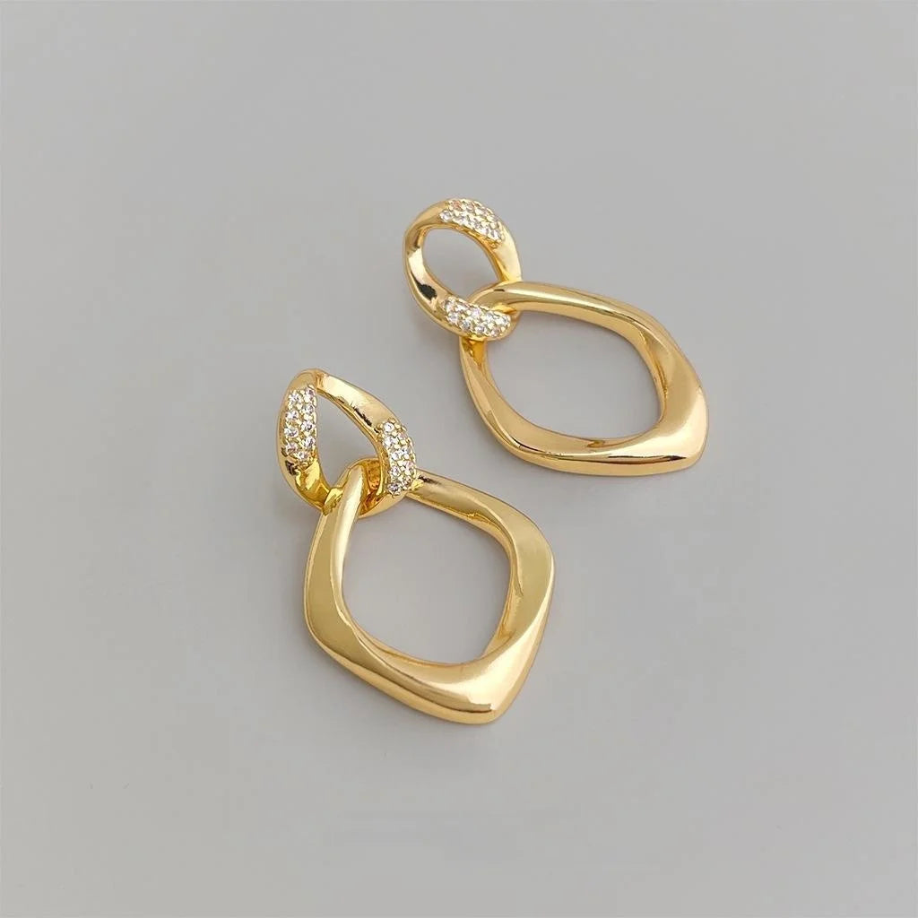 Old Money Copper Zircon Micro Pave Double Layer Geometric Hollow Drop Earrings