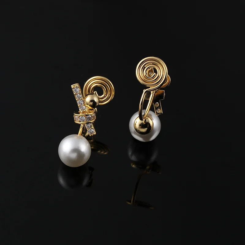 Elegant Pearl Geometric Knot Zircon Alloy Stud & Clip On No Piercing French Luxury Women's Earrings