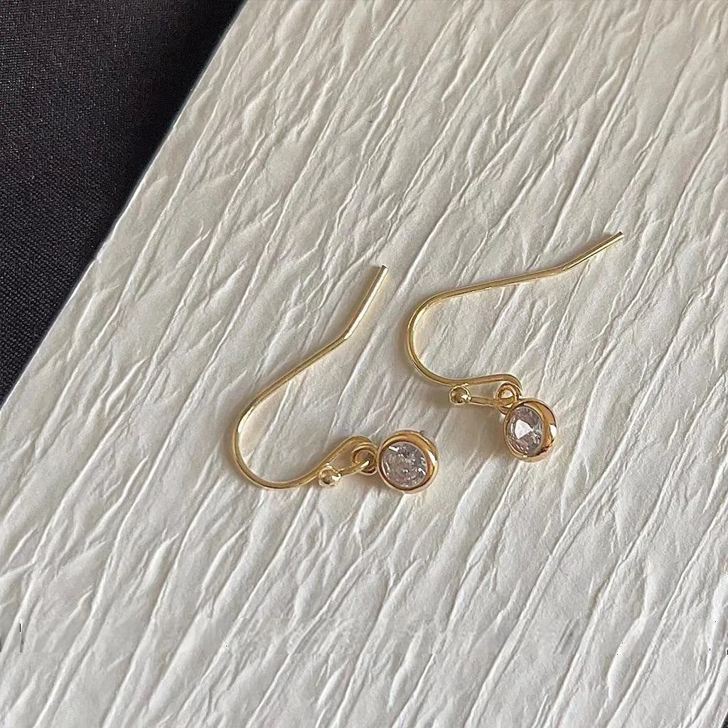 Minimalist 14K Gold Plated Zircon Round Geometric Drop Earrings, Mini Premium Jewelry
