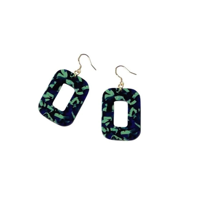 Hong Kong Style Vintage Green Acrylic Geometric Square Drop Earrings Irregular Marbled Design