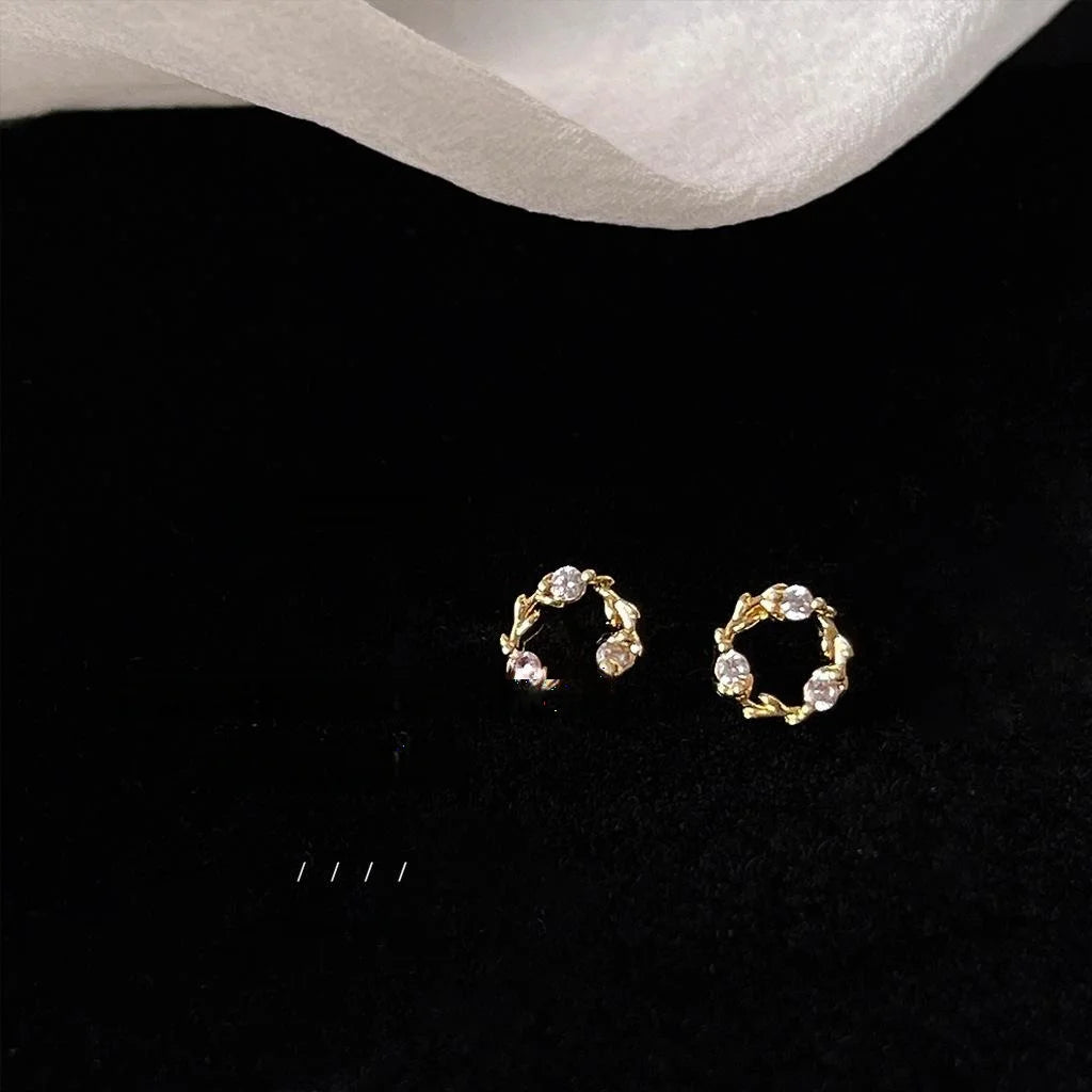 14K Plated Copper Micro Pave Zircon Mini Circle Wreath Stud Earrings Korean Minimalist Jewelry