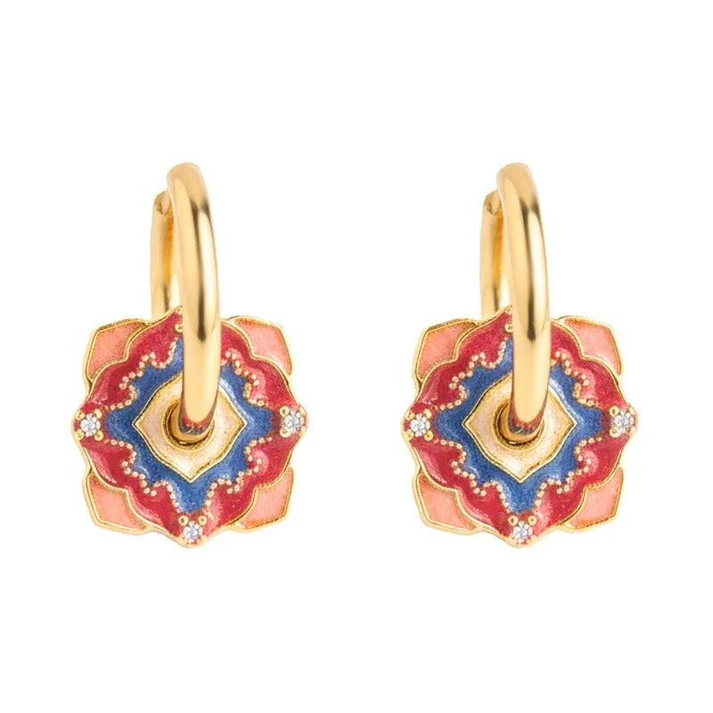 Hand Painted Enamel Copper Zircon Floral Auspicious Pattern Court Style Drop Earrings