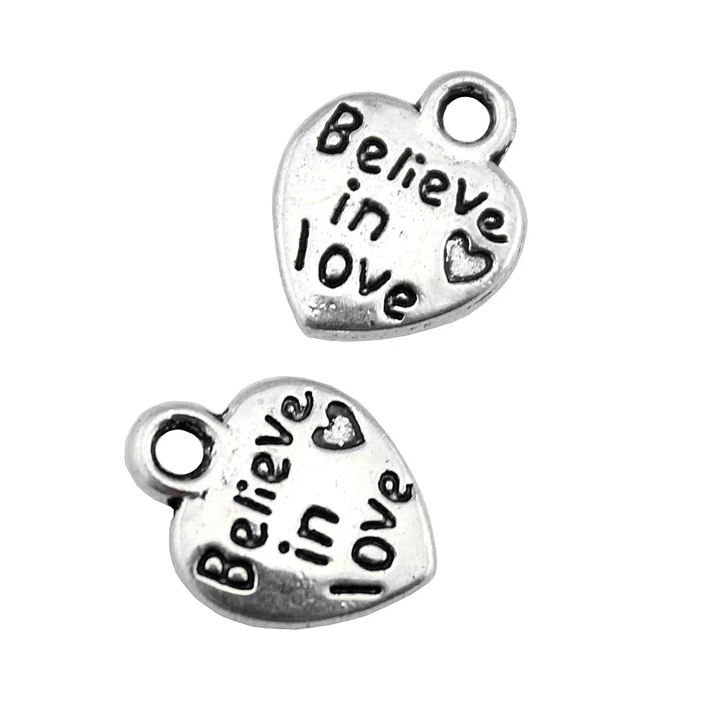 12x9mm 0.7g Zinc Alloy Believe in Love Heart Charm Pendant for DIY Bracelet Necklace Jewelry Making