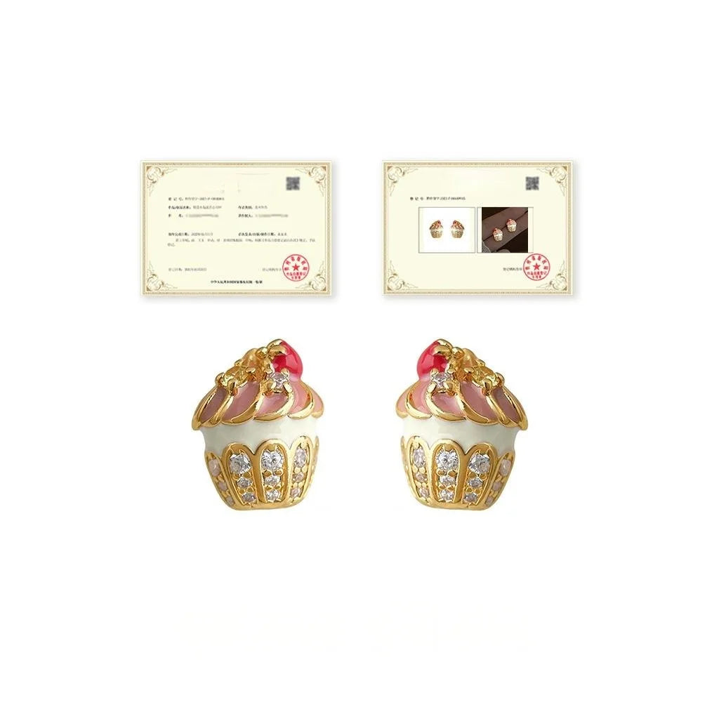 Cute Hand Painted Cake Ice Cream Stud Earrings For Women Copper Zircon Micro Pave Sweet Jewelry