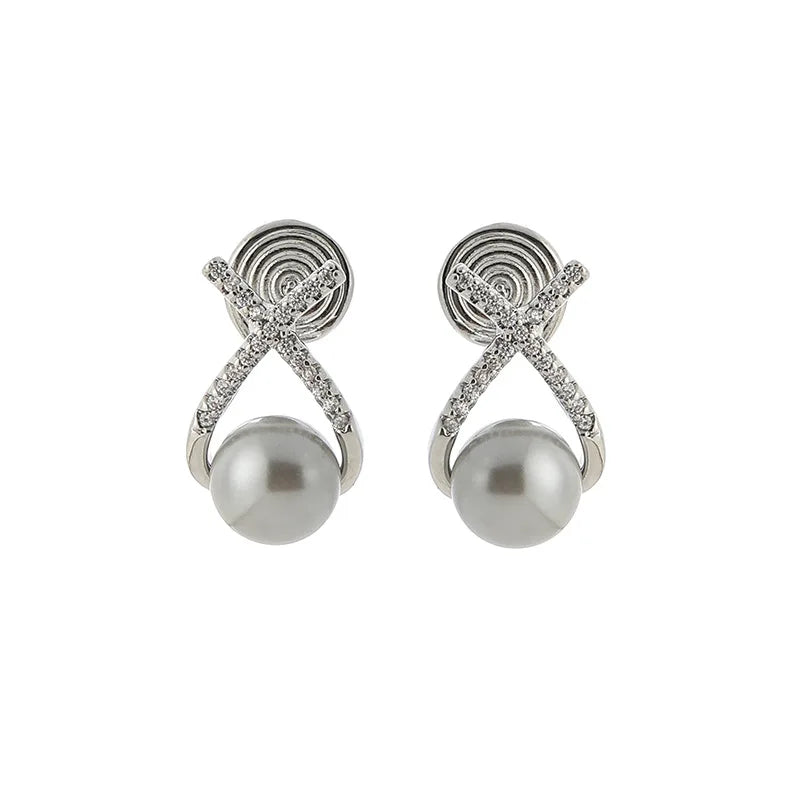 Elegant Cross Rhinestone Grey Pearl Spiral Stud & Clip On No Piercing Women's Fashion Earrings